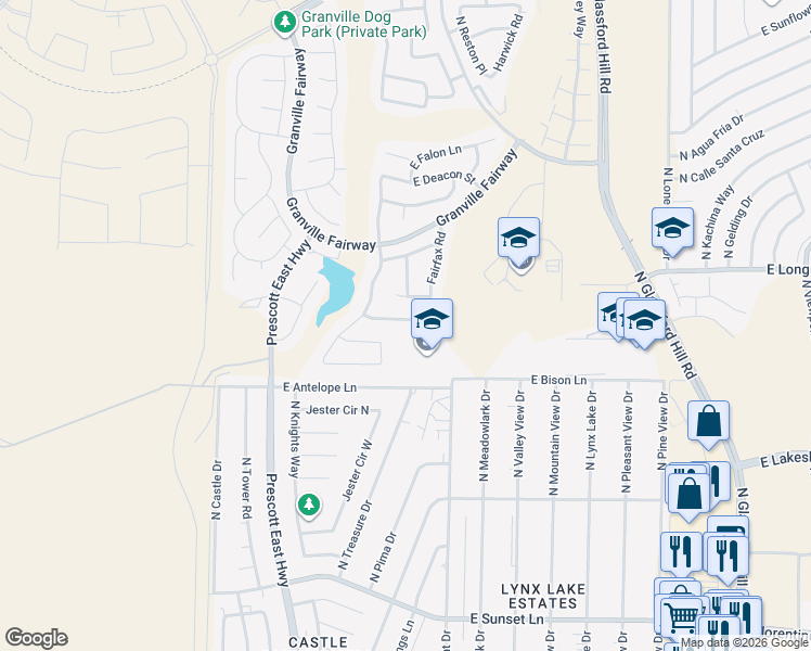 map of restaurants, bars, coffee shops, grocery stores, and more near 3879 Fairfax Road in Prescott Valley