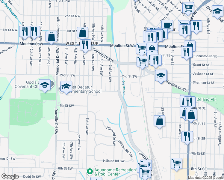 map of restaurants, bars, coffee shops, grocery stores, and more near 624 3rd Avenue Southwest in Decatur