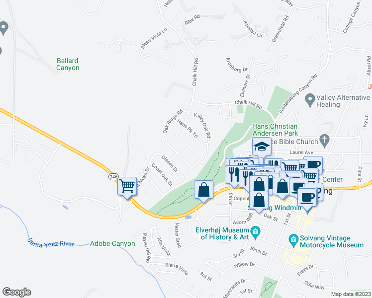 map of restaurants, bars, coffee shops, grocery stores, and more near 1243 Pistache Avenue in Solvang