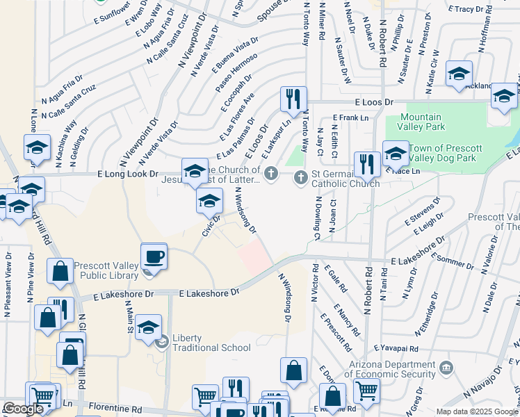 map of restaurants, bars, coffee shops, grocery stores, and more near 7763 East Long Look Drive in Prescott Valley