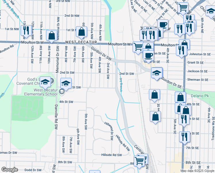 map of restaurants, bars, coffee shops, grocery stores, and more near 620 3rd Avenue Southwest in Decatur