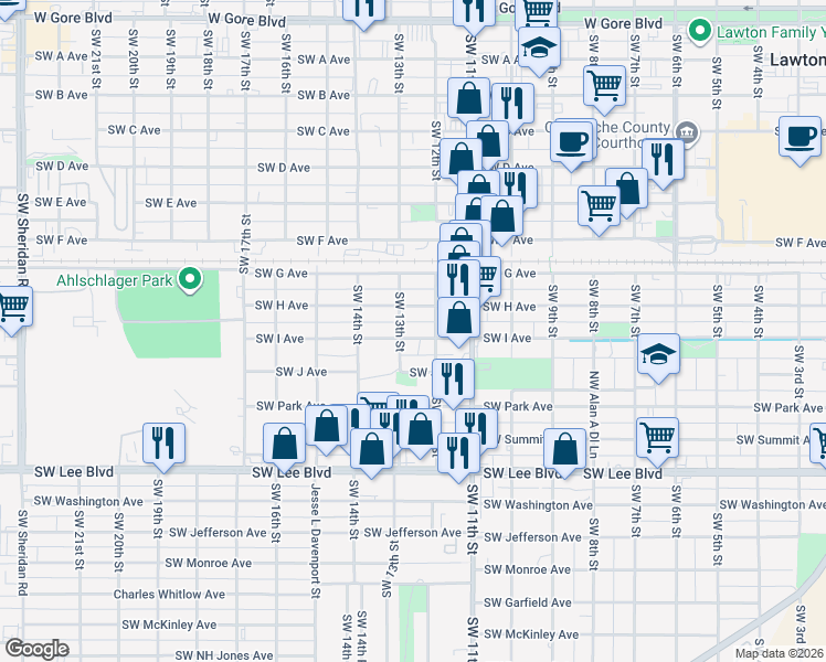 map of restaurants, bars, coffee shops, grocery stores, and more near 1213 Southwest I Avenue in Lawton