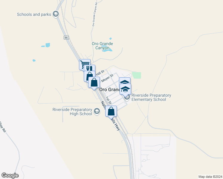 map of restaurants, bars, coffee shops, grocery stores, and more near in Oro Grande