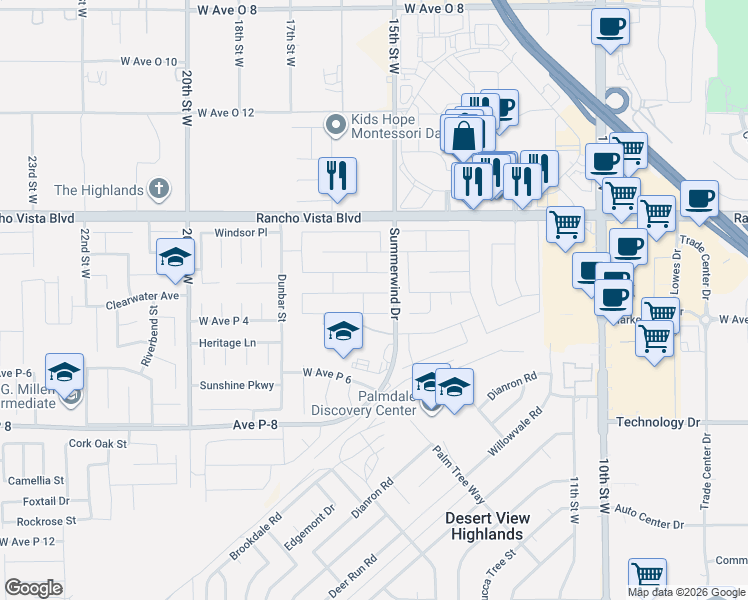 map of restaurants, bars, coffee shops, grocery stores, and more near 1544 Berkshire Drive in Palmdale