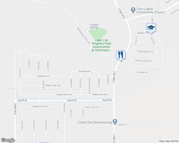 map of restaurants, bars, coffee shops, grocery stores, and more near Rawhide Avenue in Lake Los Angeles