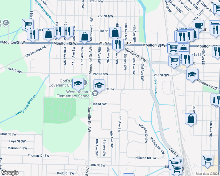 map of restaurants, bars, coffee shops, grocery stores, and more near 621 6th Avenue Southwest in Decatur