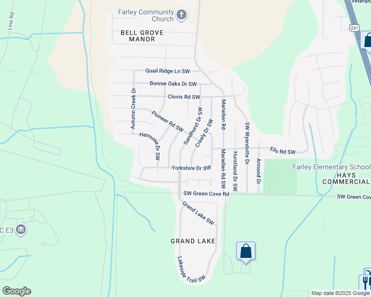 map of restaurants, bars, coffee shops, grocery stores, and more near 14009 Sandhurst Drive Southwest in Huntsville