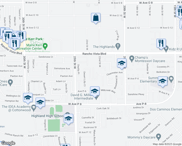 map of restaurants, bars, coffee shops, grocery stores, and more near 39426 Evening Star Street in Palmdale