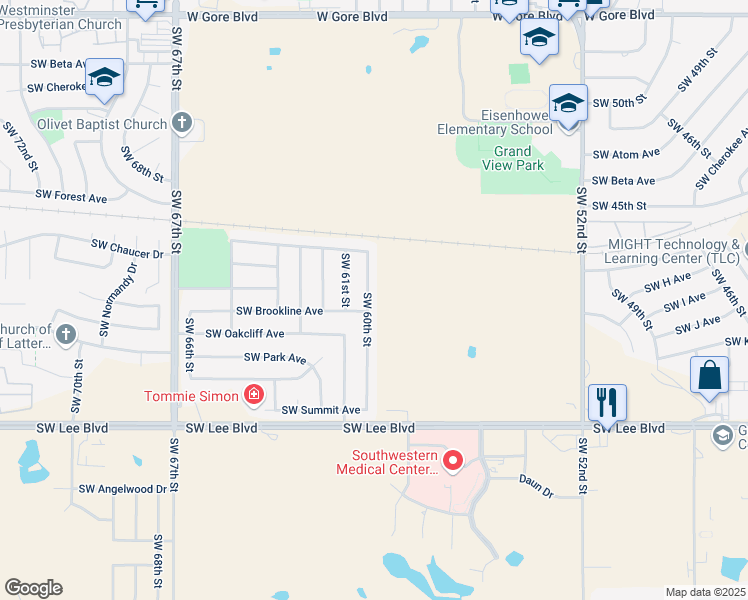 map of restaurants, bars, coffee shops, grocery stores, and more near 620 Southwest 60th Street in Lawton