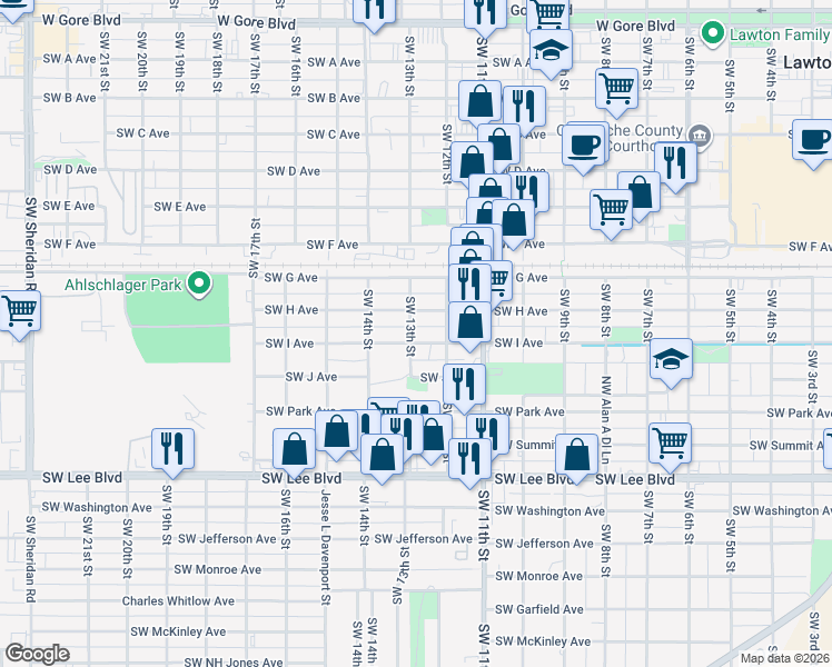 map of restaurants, bars, coffee shops, grocery stores, and more near 1213 Southwest I Avenue in Lawton