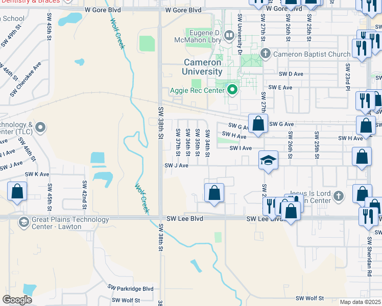 map of restaurants, bars, coffee shops, grocery stores, and more near 925 Southwest 36th Street in Lawton