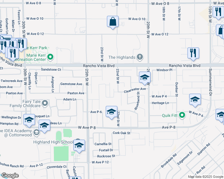 map of restaurants, bars, coffee shops, grocery stores, and more near 39429 Indigo Sky Avenue in Palmdale