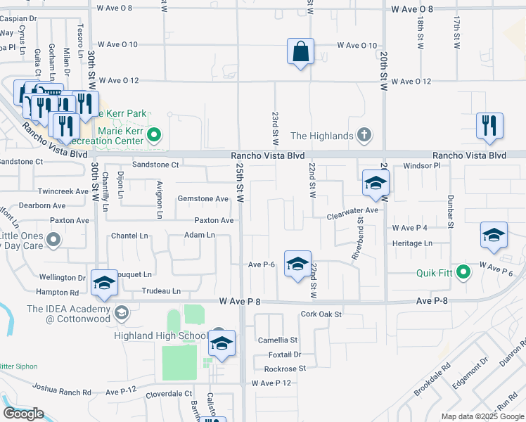 map of restaurants, bars, coffee shops, grocery stores, and more near 39437 Desert Lilly Court in Palmdale