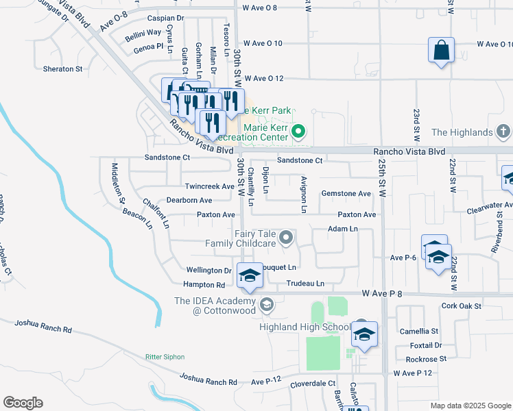 map of restaurants, bars, coffee shops, grocery stores, and more near 44143 20th Street West in Lancaster