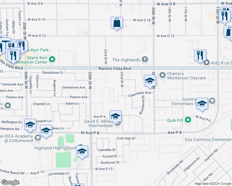 map of restaurants, bars, coffee shops, grocery stores, and more near 39429 Indigo Sky Avenue in Palmdale