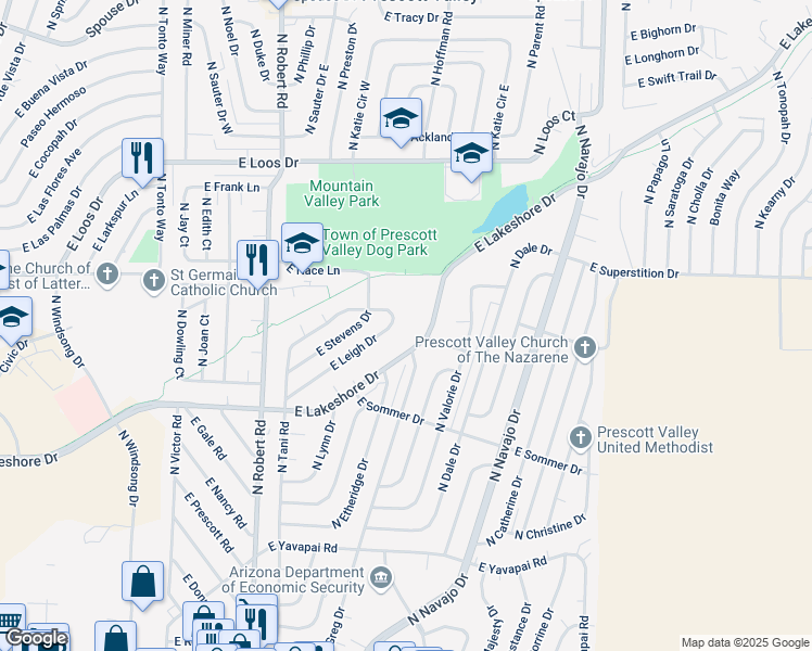 map of restaurants, bars, coffee shops, grocery stores, and more near 8505 East Leigh Drive in Prescott Valley