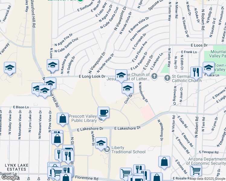 map of restaurants, bars, coffee shops, grocery stores, and more near 3870 Civic Drive in Prescott Valley