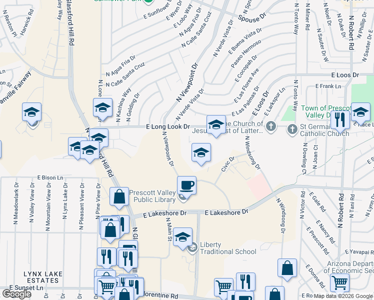 map of restaurants, bars, coffee shops, grocery stores, and more near 3845 North Viewpoint Drive in Prescott Valley
