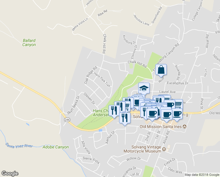 map of restaurants, bars, coffee shops, grocery stores, and more near 597 Valley Oak Road in Solvang