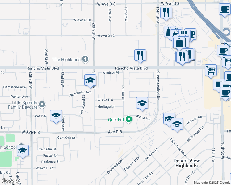 map of restaurants, bars, coffee shops, grocery stores, and more near 39423 Primrose Court in Palmdale