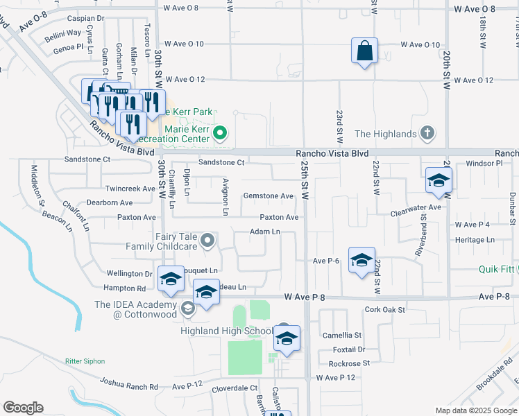 map of restaurants, bars, coffee shops, grocery stores, and more near 39434 Basalt Court in Palmdale