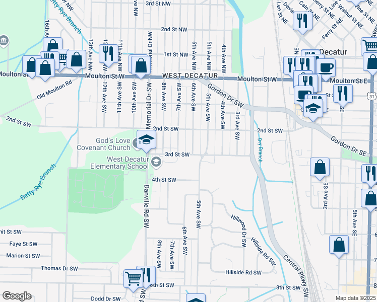 map of restaurants, bars, coffee shops, grocery stores, and more near 621 6th Avenue Southwest in Decatur