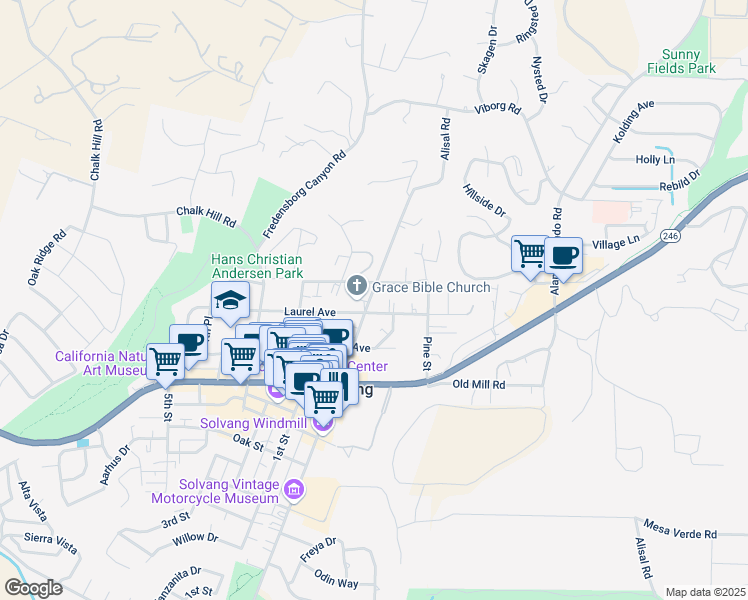 map of restaurants, bars, coffee shops, grocery stores, and more near 616 Alisal Road in Solvang