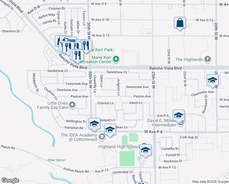 map of restaurants, bars, coffee shops, grocery stores, and more near 39432 Avignon Lane in Palmdale