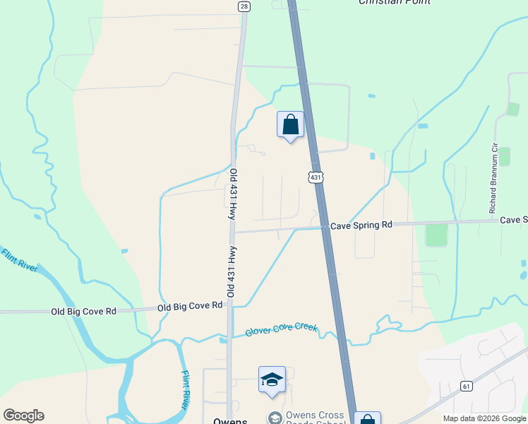 map of restaurants, bars, coffee shops, grocery stores, and more near 2705 Old Highway 431 in Owens Cross Roads