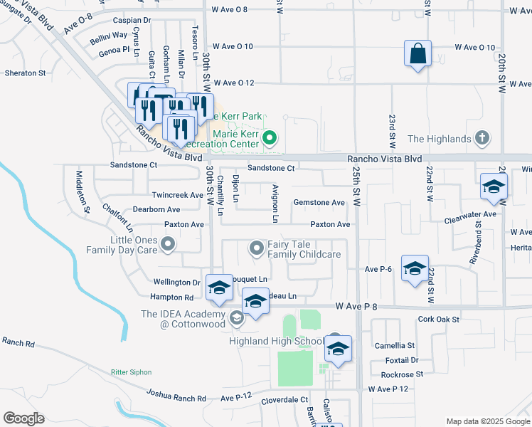 map of restaurants, bars, coffee shops, grocery stores, and more near 39432 Avignon Lane in Palmdale