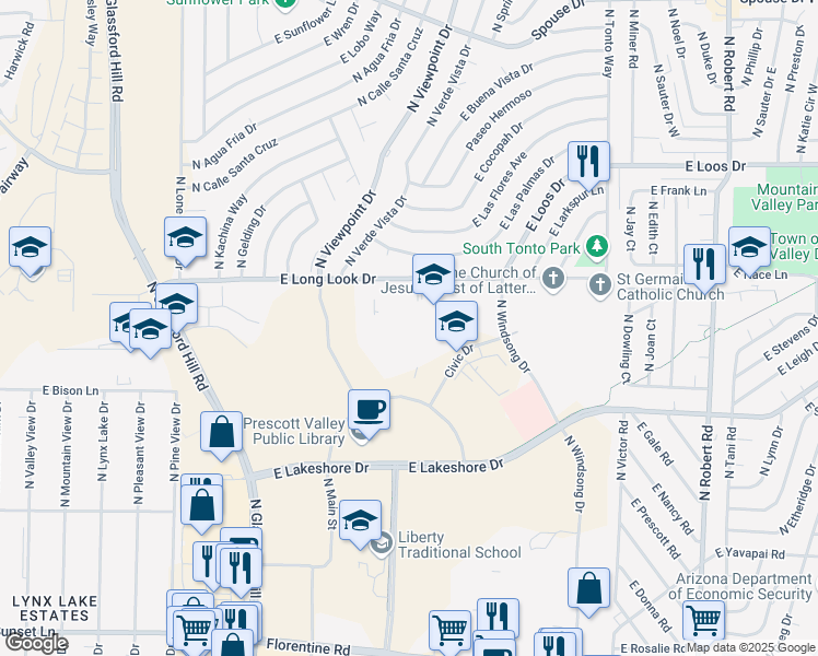 map of restaurants, bars, coffee shops, grocery stores, and more near 3870 Civic Drive in Prescott Valley