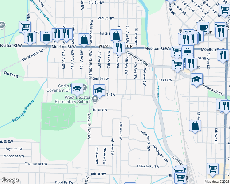 map of restaurants, bars, coffee shops, grocery stores, and more near 621 6th Avenue Southwest in Decatur