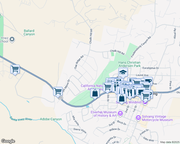 map of restaurants, bars, coffee shops, grocery stores, and more near 1248 Pistache Avenue in Solvang