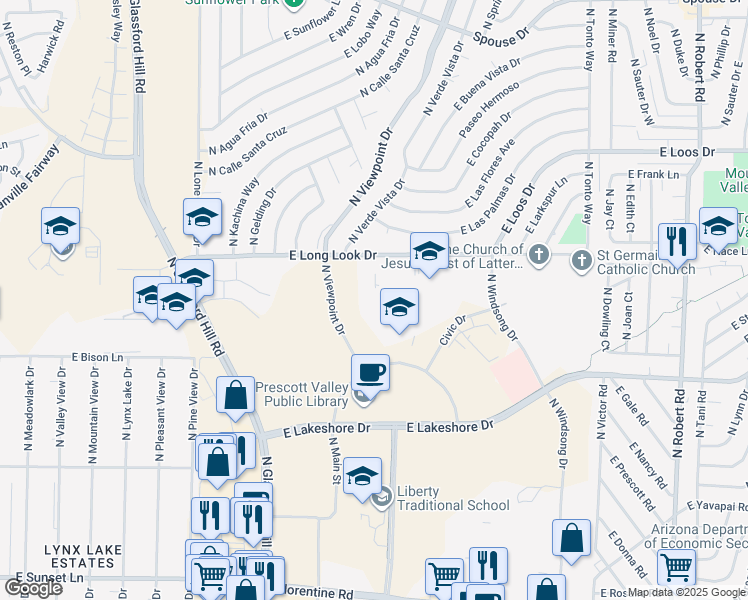 map of restaurants, bars, coffee shops, grocery stores, and more near 3845 North Viewpoint Drive in Prescott Valley
