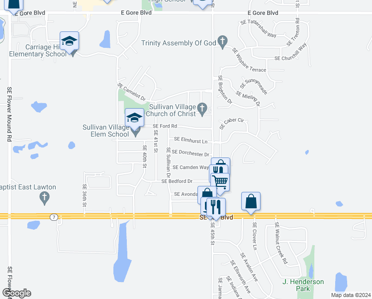 map of restaurants, bars, coffee shops, grocery stores, and more near 4212 Southeast Dorchester Drive in Lawton