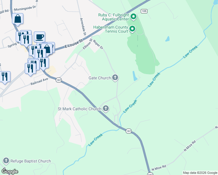 map of restaurants, bars, coffee shops, grocery stores, and more near 251 Roper Drive in Clarkesville