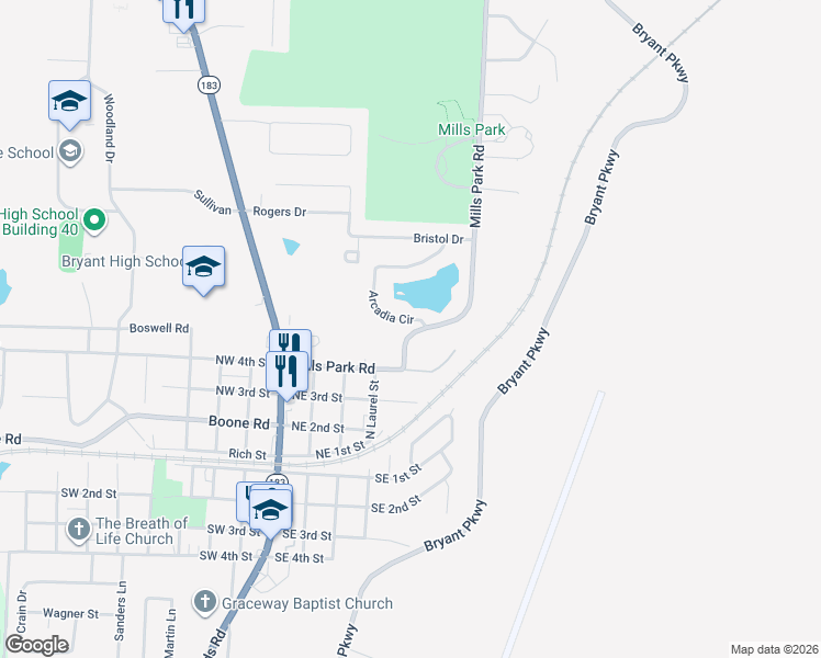 map of restaurants, bars, coffee shops, grocery stores, and more near 1 Arcadia Circle in Bryant