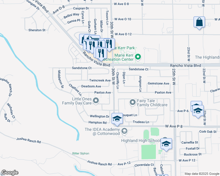 map of restaurants, bars, coffee shops, grocery stores, and more near 3012 Dearborn Avenue in Palmdale