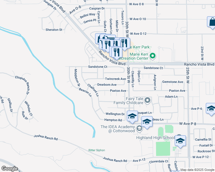 map of restaurants, bars, coffee shops, grocery stores, and more near 3134 Dearborn Avenue in Palmdale