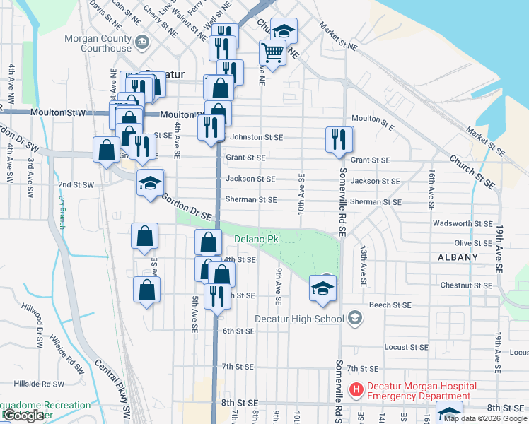 map of restaurants, bars, coffee shops, grocery stores, and more near 506 8th Avenue Southeast in Decatur