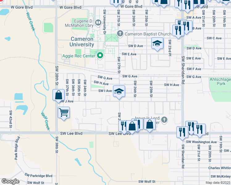map of restaurants, bars, coffee shops, grocery stores, and more near 2706 Southwest I Avenue in Lawton