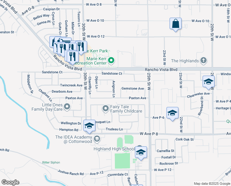 map of restaurants, bars, coffee shops, grocery stores, and more near 39432 Avignon Lane in Palmdale