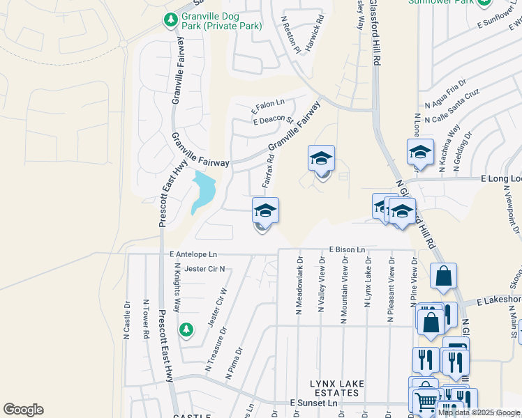 map of restaurants, bars, coffee shops, grocery stores, and more near 3895 Fairfax Road in Prescott Valley