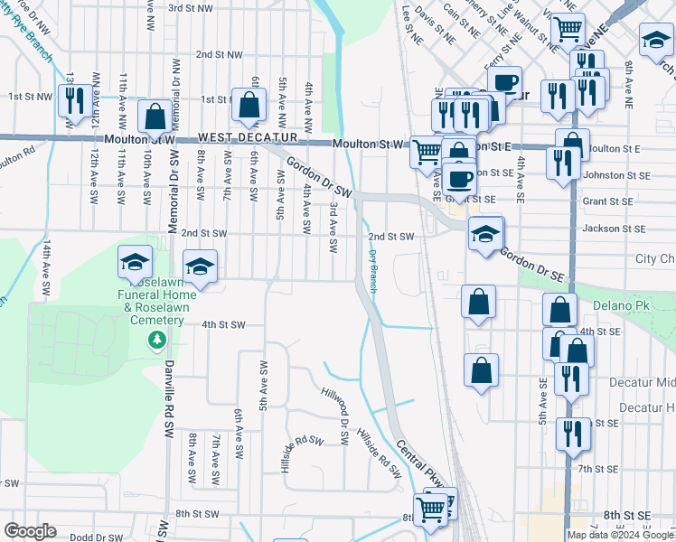 map of restaurants, bars, coffee shops, grocery stores, and more near 620 3rd Avenue Southwest in Decatur