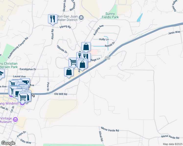 map of restaurants, bars, coffee shops, grocery stores, and more near 2004 High Meadow Drive in Solvang