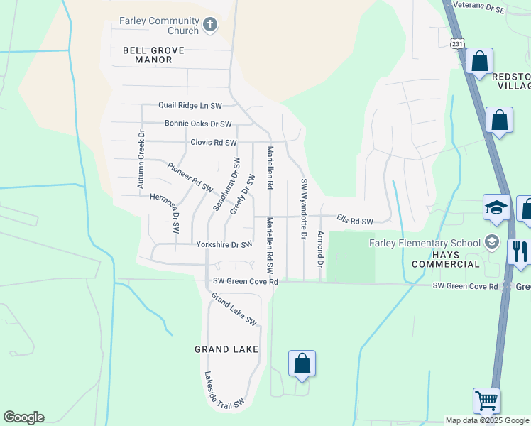 map of restaurants, bars, coffee shops, grocery stores, and more near 2434 Ells Road Southwest in Huntsville