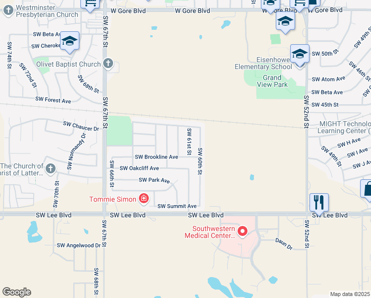 map of restaurants, bars, coffee shops, grocery stores, and more near 617 Southwest 61st Street in Lawton