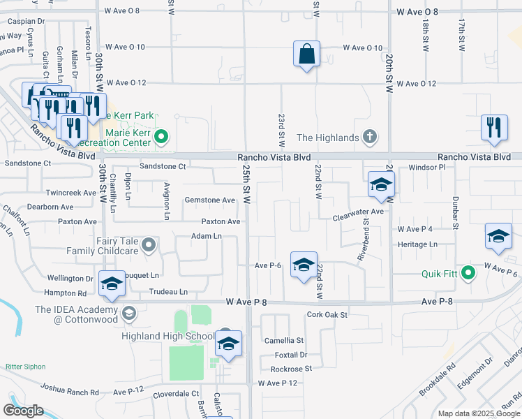 map of restaurants, bars, coffee shops, grocery stores, and more near 39436 Daylily Place in Palmdale