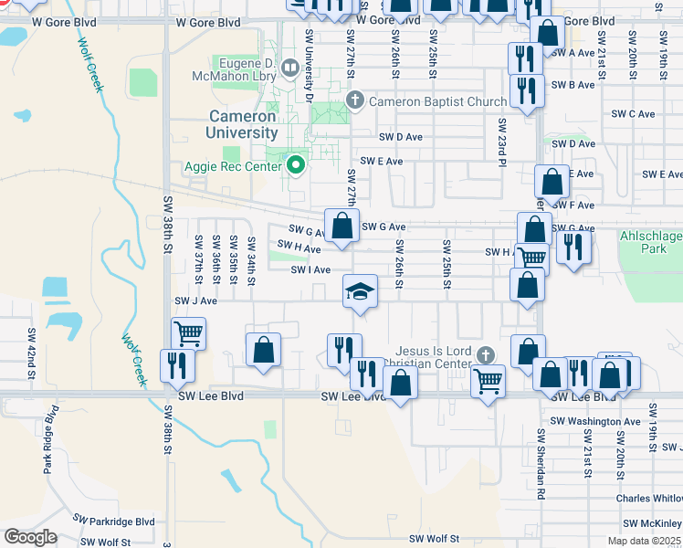map of restaurants, bars, coffee shops, grocery stores, and more near 2706 Southwest I Avenue in Lawton