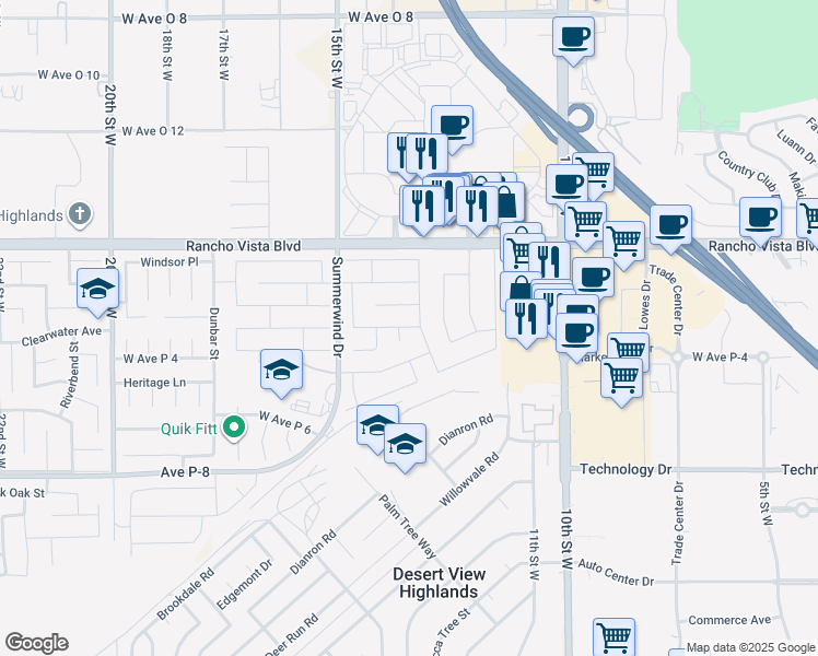 map of restaurants, bars, coffee shops, grocery stores, and more near 1555 Berkshire Drive in Palmdale